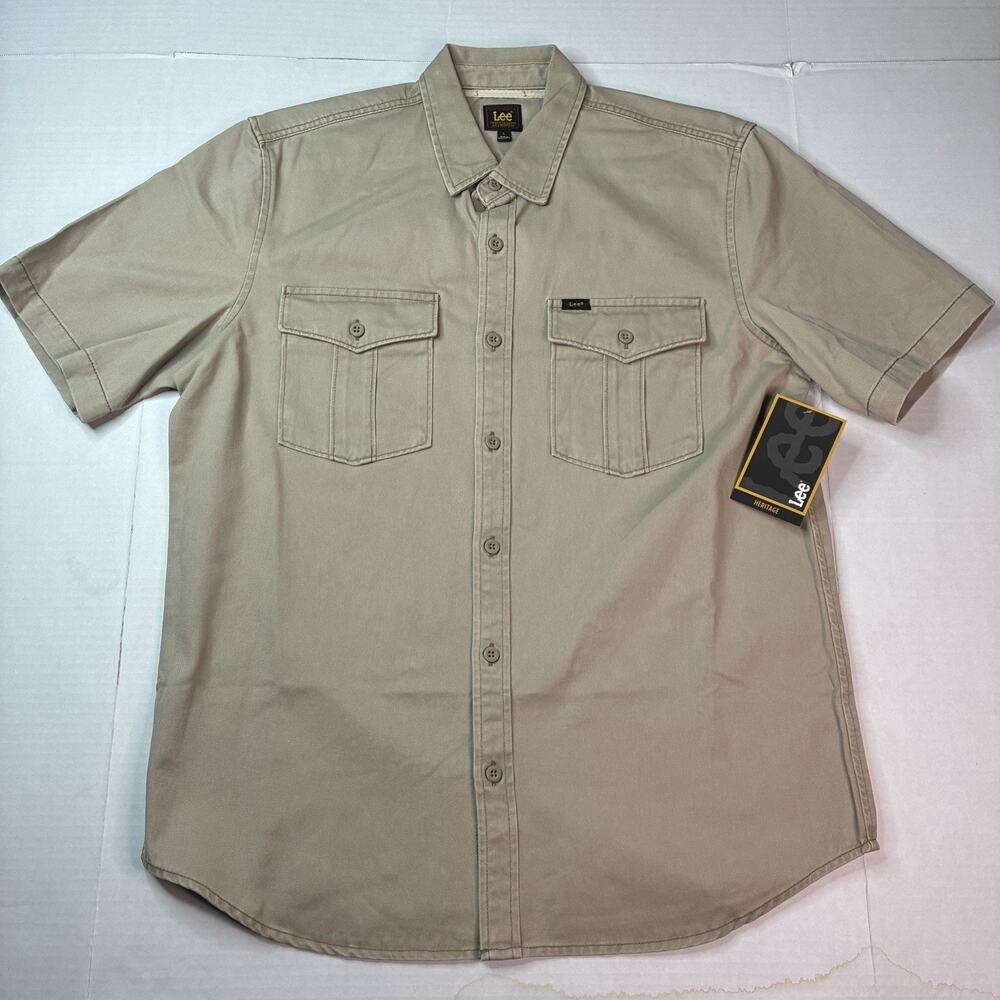 Lee Men's Heritage Short Sleeve Surplus Shirt Size L Large Khaki 100% Cotton